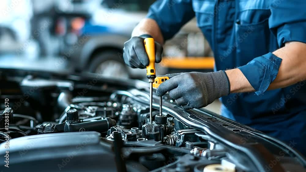 A mechanic in action at an auto repair shop, fixing a suspension system with precision tools in a space filled with car parts and diagnostic equipment A mechanic in action at an auto repair shop, fixing a suspension system with precision tools in a space filled with car parts and diagnostic equipment