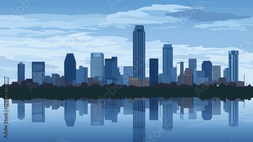 Oklahoma City skyline silhouette with reflection in the water. Urban landscape of Oklahoma with iconic buildings, landmarks, and the city's skyline viewed in vector style illustration.