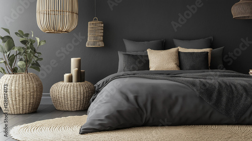 Wicker accessories in black and grey modern bedroom hyper realistic, Modern living room with bed, Black bed with lump, banner, furniture concept, banner, background, sofa, chair, wood bed room, pillow photo