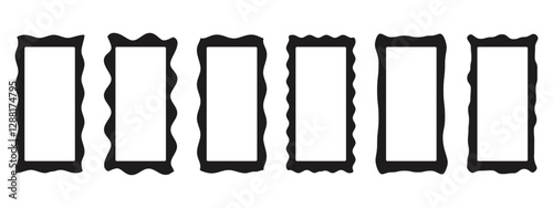 Set of photo or mirror frames with lace wavy edge. Design elements for collage, label, stamp. Scallop, zigzag wavy edges. Vector black illustration isolated on white background. Retro style template.