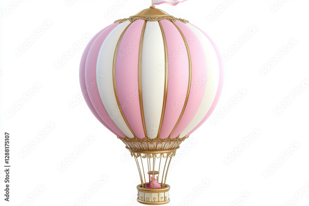 Fototapeta premium Whimsical pink and white hot air balloon with gold detailing on white background