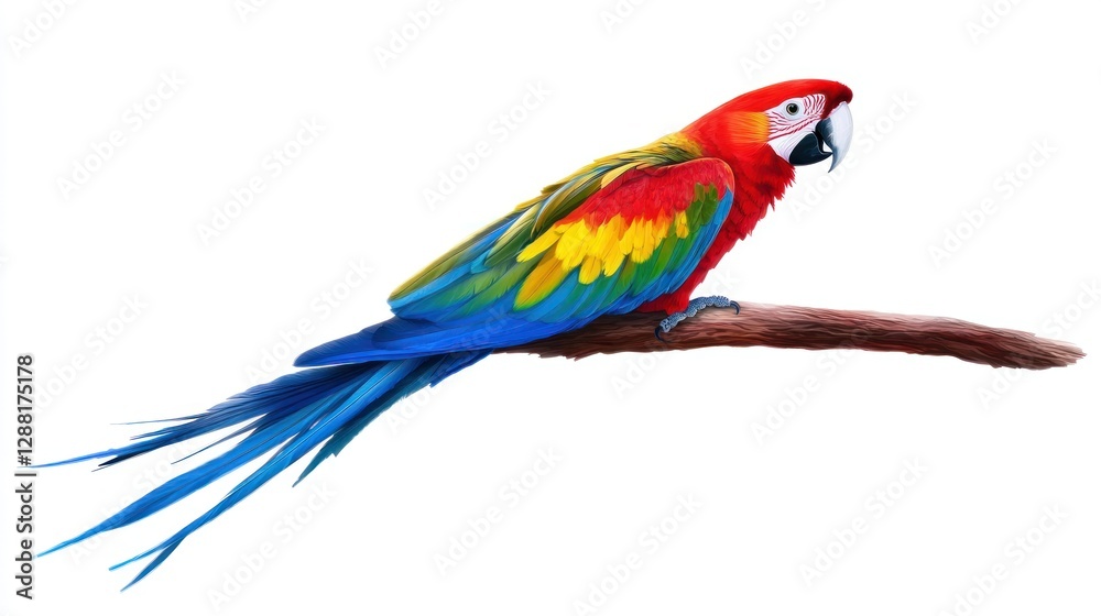 Fototapeta premium Scarlet Macaw Perched on Branch: A Vivid Portrait