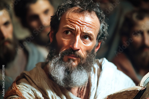 Apostle Paul reads a heartfelt prayer to his devoted disciples in a historical setting