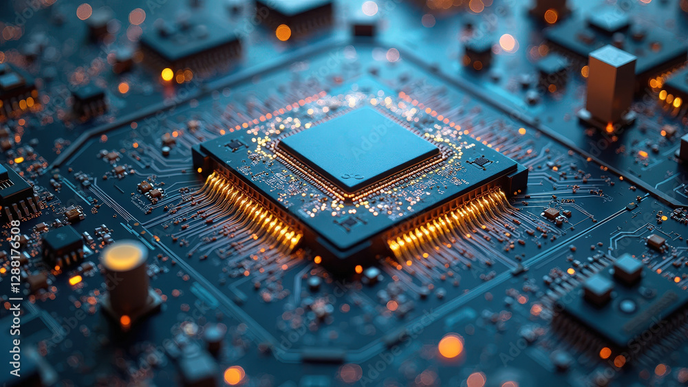 A large chip that radiates light , symbolizing AI, in the center of the image. Lines or circuits that connect the digital brain A large chip that radiates light , symbolizing AI, in the center of the image. Lines or circuits that connect the digital brain