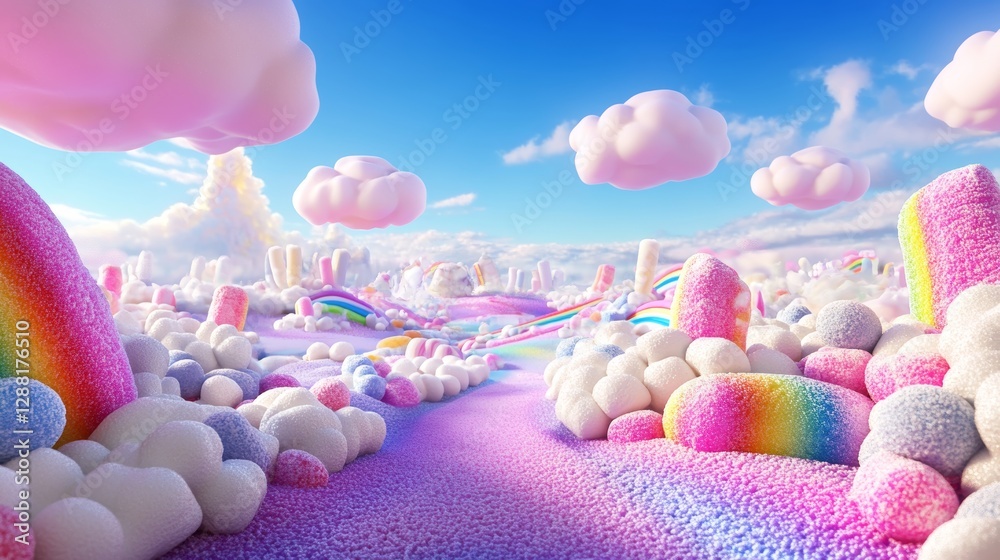 Vibrant Candy Land Dreamscape with Marshmallow Clouds and Rainbow Pathway Vibrant Candy Land Dreamscape with Marshmallow Clouds and Rainbow Pathway