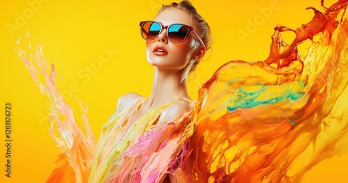 Une femme élégante portant des lunettes de soleil colorées et une robe avec éclaboussures de peinture, lors d'une séance photo artistique sur un fond orange.
