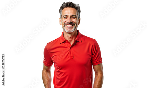 Smiling confident man portrait in red polo shirt, isolated on transparent background. Ideal for business, corporate, website, and marketing visuals.