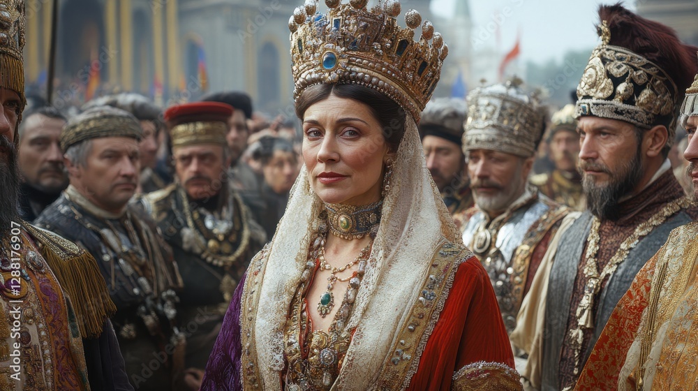 Fototapeta premium Majestic Royal Figure Surrounded by Courtiers in Stunning Historical Attire