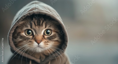 Fototapeta Naklejka Na Ścianę i Meble -  Cat in a hoodie exploring the city streets during the late afternoon