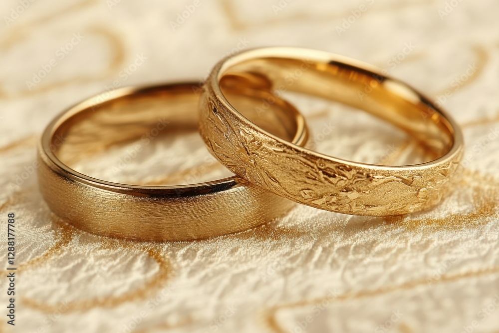 Two Elegant Gold Wedding Rings Displayed on an Intricate Textured Background, Symbolizing Love and Commitment Two Elegant Gold Wedding Rings Displayed on an Intricate Textured Background, Symbolizing Love and Commitment
