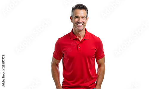 Confident smiling man in red polo shirt portrait, isolated on transparent background. Ideal for business, marketing, social media, or corporate designs.