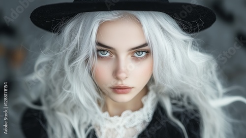 Young woman in witch costume with white hair and black hat at Halloween celebration outdoors
