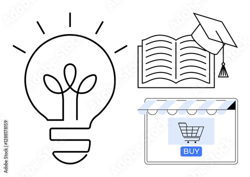 Light bulb with plant symbolizes innovation, open book with graduation cap represents education, e-commerce shopping cart webpage. Ideal for innovation, education, online learning, e-commerce