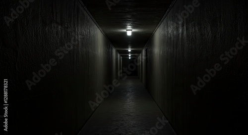 Dim Lit Hallway Perspective with Dark Walls and Recessed Lighting