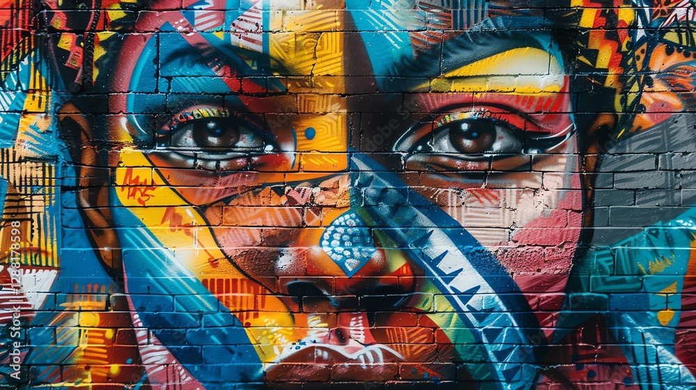 Fototapeta premium A colorful graffiti mural of a face with large eyes on a brick wall.