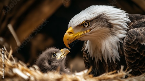 Bald eagle feeds its young in the eyrie during a peaceful moment