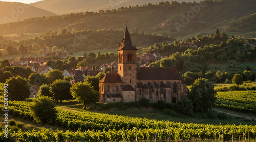 Summer sunset view of the medieval church of Saint-Jacques-le-Major in Hunawihr, small village between the vineyards of Ribeauville, Riquewihr and Colmar  wine making region of France,generative.ai
