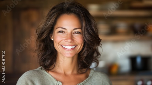 Smiling woman enjoying time in a cozy kitchen with natural wood accents