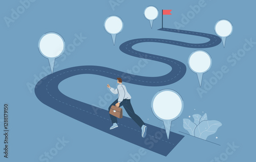 Project planning to develop the timeline of business progress, Roadmap, Work duration review, Key route map with action plans, Businessman running on project timeline, Flat vector illustration.