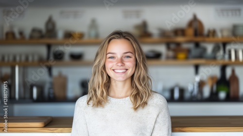 Smiling woman enjoys a moment in a cozy kitchen at home