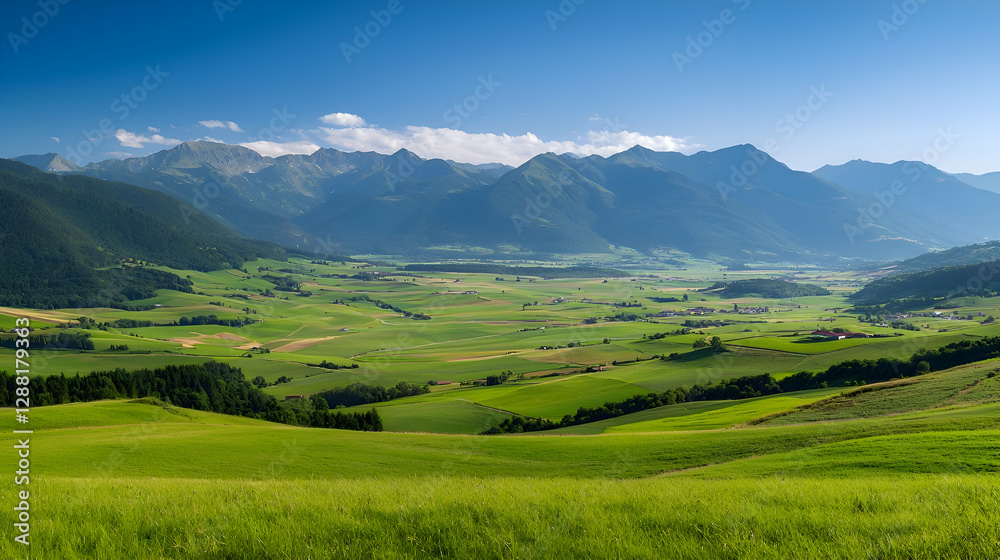 Serene Green Valley Landscape with Distant Mountains under a Sunny Sky Serene Green Valley Landscape with Distant Mountains under a Sunny Sky