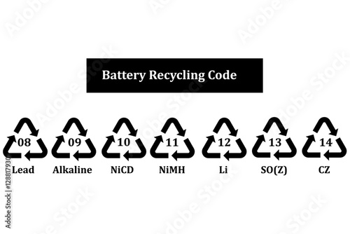 Battery recycling code icon set. Lithium ion, lithium polymer, lead, zinc battery recycling codes 08-14. battery recycling symbols.