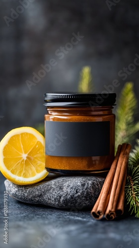Cinnamon and lemon jar with herbs arranged on a stone surface