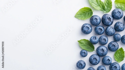 Fresh blueberries arranged beautifully with green leaves on a clean white background