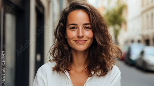 A smiling woman with short hair stands in a city setting against buildings. Free Download A smiling woman with short hair stands in a city setting against buildings. - GFXLoad