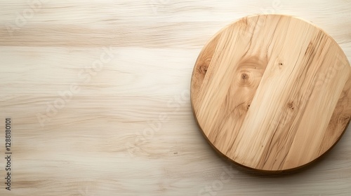 Close-up view of a round wooden cutting board on a clean white surface