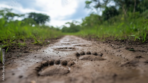 Capybara footprints along a muddy trail during a thunderstorm in a lush environment