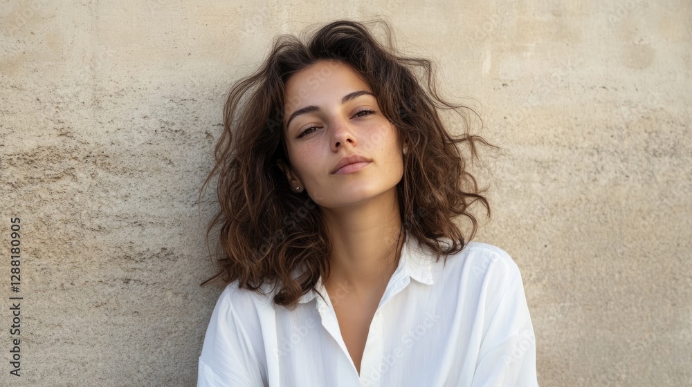 The image features a person with short hair wearing a casual outfit leaning against a wall. The image features a person with short hair wearing a casual outfit leaning against a wall.