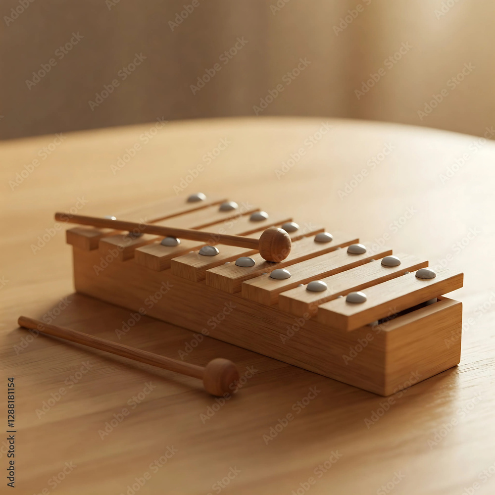 A wooden xylophone with a small mallet A wooden xylophone with a small mallet
