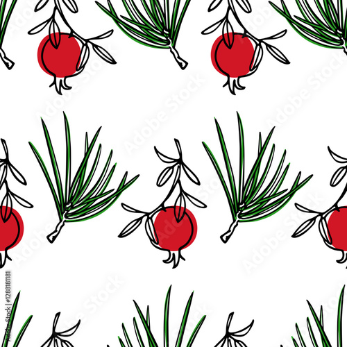 Vector seamless pattern with hand drawn pomegranate branches with ripe red fruit and pine twigs. Beautiful ink drawing, graphic style. Food and nature design elements. Perfect for prints and patterns