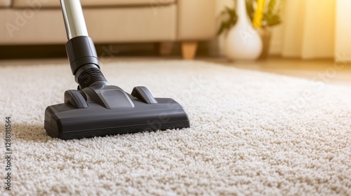 Modern vacuum cleaner in action on plush carpet in bright living room setting