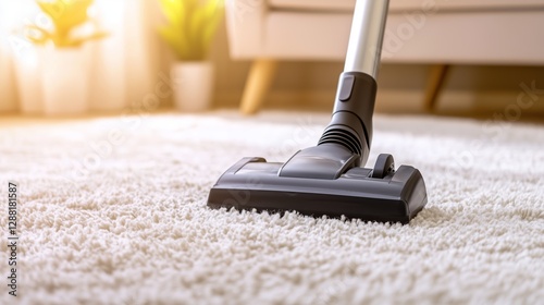 Modern vacuum cleaner on plush carpet in a bright living room setting during daytime
