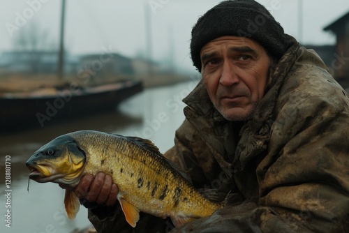Fisherman proudly displays a freshly caught fish beside a calm waterway in dreary weather conditions