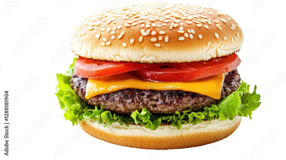 Freshly made burger with sesame seed bun, lettuce, tomato, and cheddar cheese ready for a delicious meal experience Freshly made burger with sesame seed bun, lettuce, tomato, and cheddar cheese ready for a delicious meal experience