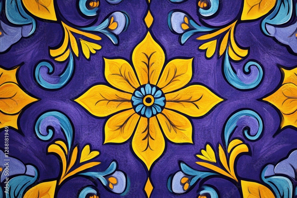 Fototapeta premium Vibrant floral pattern illustration featuring yellow and blue elements on a rich purple background, perfect for interior design and decor projects