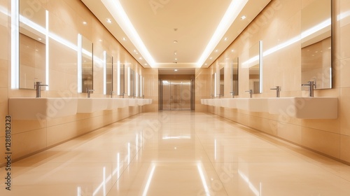 Modern restroom interior with sleek design and vibrant lighting in a spacious layout