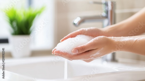 Proper hand washing technique using soap for effective hygiene in a clean bathroom setting