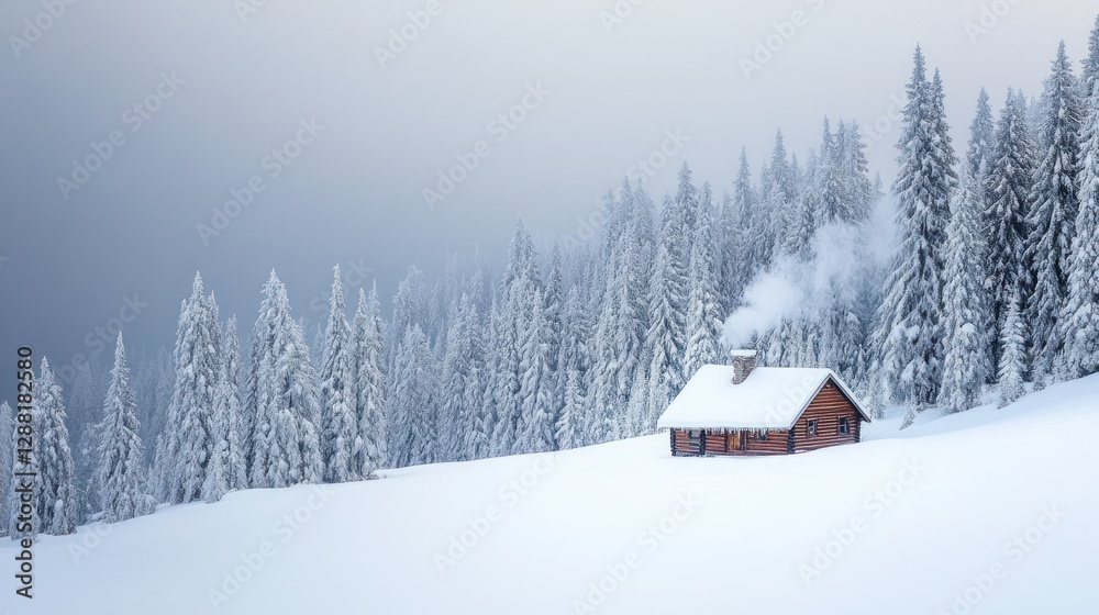 Cozy wooden cabin nestled in a snow-covered mountain forest, smoke rising from its chimney on a misty winter day. Cozy wooden cabin nestled in a snow-covered mountain forest, smoke rising from its chimney on a misty winter day.