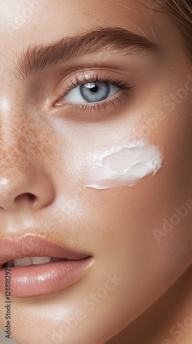 Model applying cream on her face in a beauty portrait at a studio