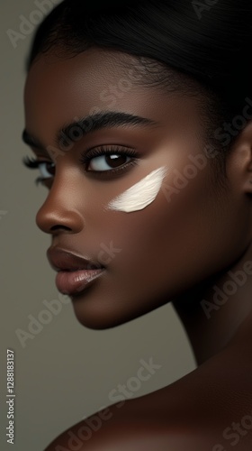 Model applying cream on her face for a beauty portrait in a serene studio setting