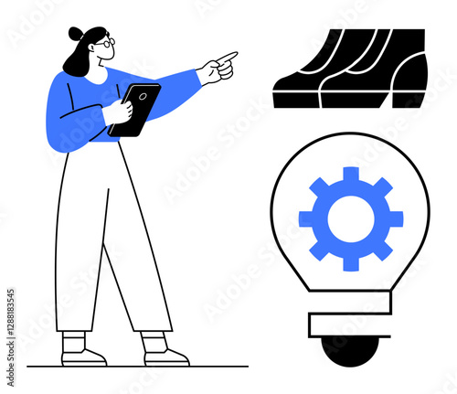 Woman holding clipboard pointing at industrial machine and lightbulb containing gear. Ideal for engineering, innovation, technology, manufacturing, project management, planning, efficiency. Blue