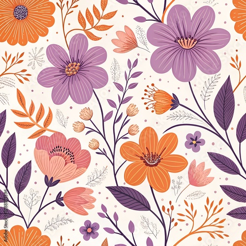 Wallpaper Mural Vibrant floral pattern showcasing whimsical blooms in purple and orange against a soft white background for nature lovers and design enthusiasts. Seamless pattern. Torontodigital.ca