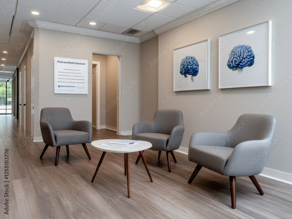 Modern waiting area with comfortable chairs and brain artwork Modern waiting area with comfortable chairs and brain artwork