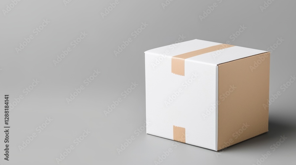 Obraz premium Minimalist cardboard box on a gray background, symbolizing packaging, shipping, and storage solutions.