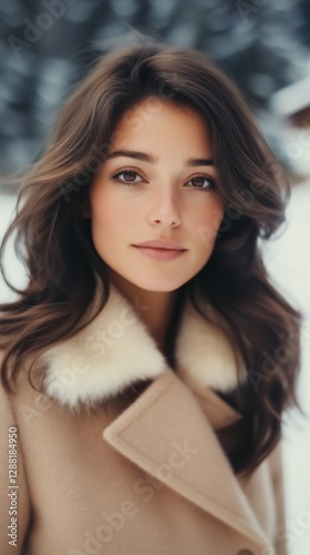 Attractive woman with dark brown hair poses outdoors in winter setting