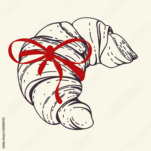Croissant with bowknot. Hand drawn bakery product in coquettish style. Breakfast sketch. French bun for Sweet Gift or special offer in bakery shop. Vector drawing for menu, logo, packaging design